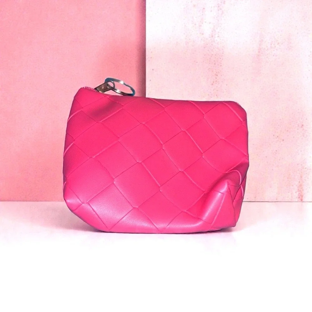 Pink Quilted Women's Zippered Coin Purse With Key Ring